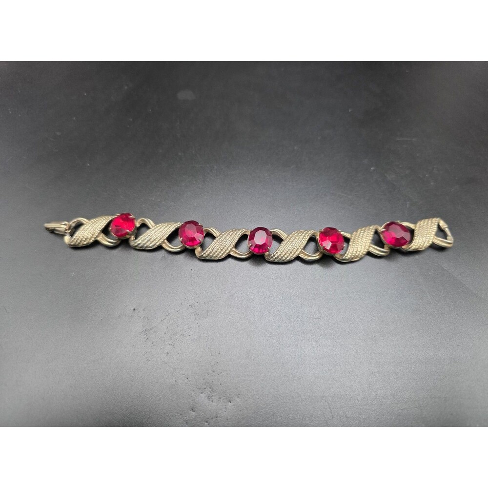 Vintage 7" Gold Tone Ruby Gemstone Bracelet Metal